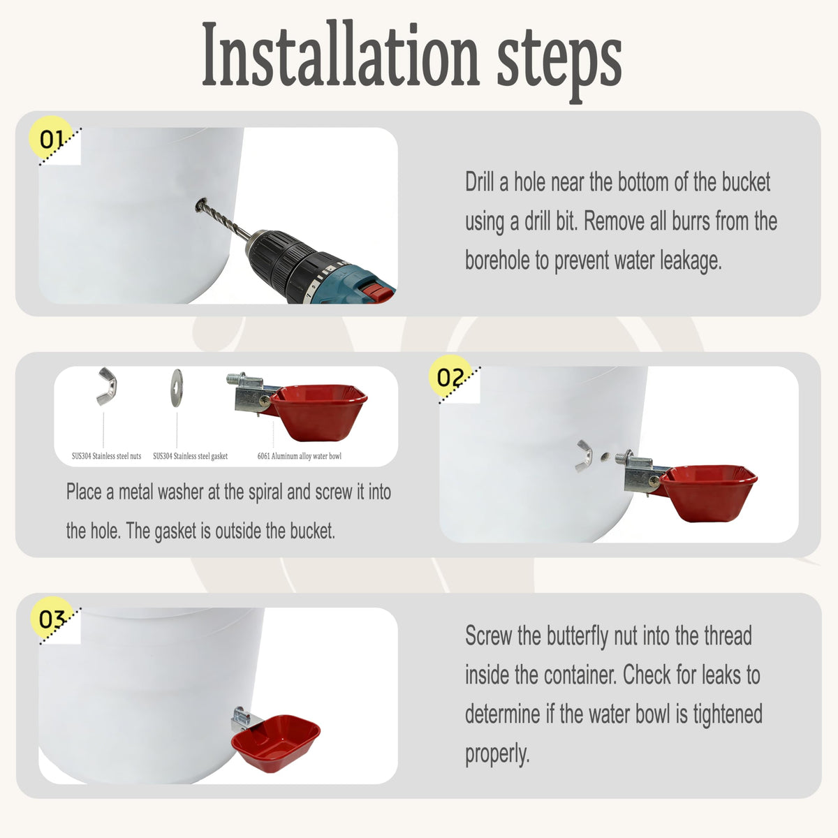 XCL Chicken Waterer Cups easy installation with included drill bit and fasteners.