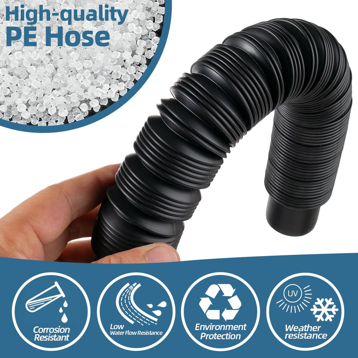 XCWT adjustable-length hose pictured in action for connecting barrels to a downspout.