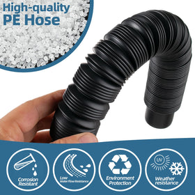 XCWT adjustable-length hose pictured in action for connecting barrels to a downspout.