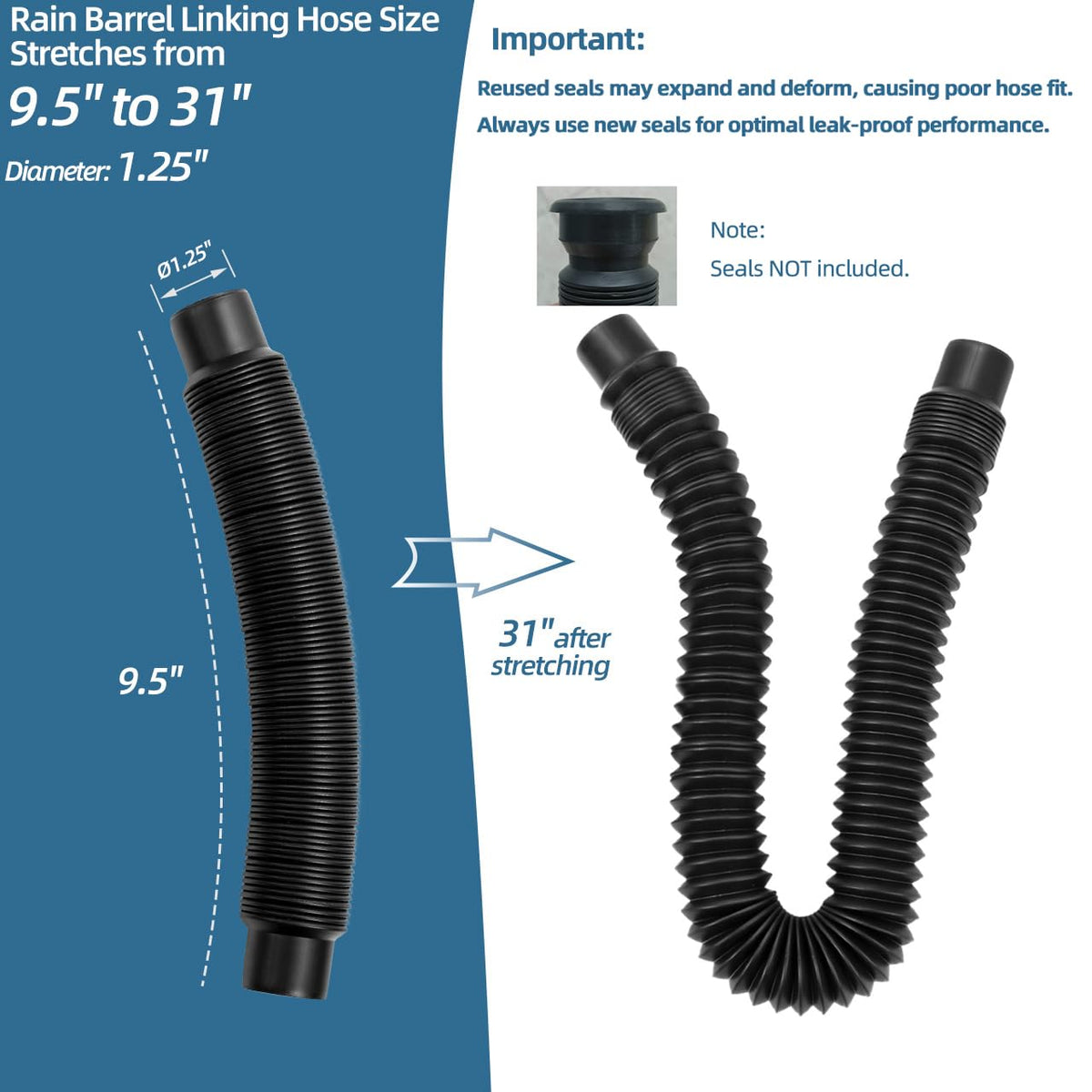 XCWT extendable rain barrel connector hose showing adjustable length for flexible setups.