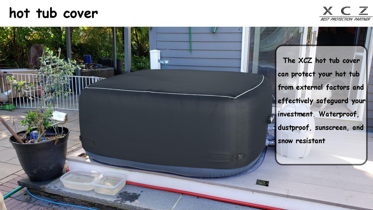 XCZ black square cover keeps outdoor spa tidy when not in use