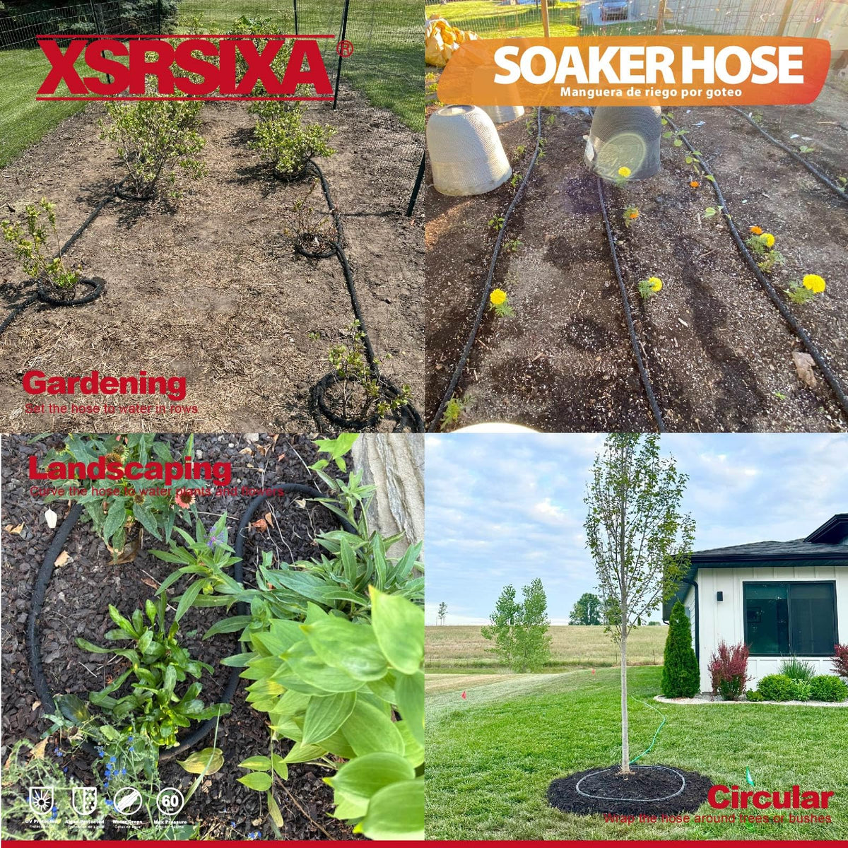 XDRSIXA hose delivering targeted moisture to plant roots in soil.