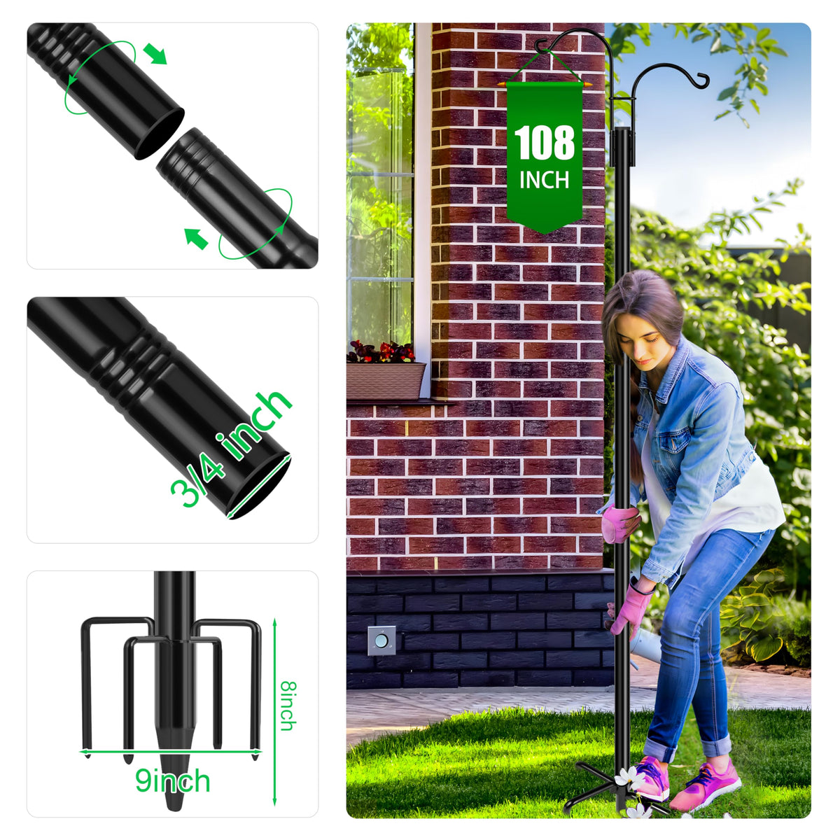XDW-GIFTS five-prong base keeps the pole securely anchored in soil.