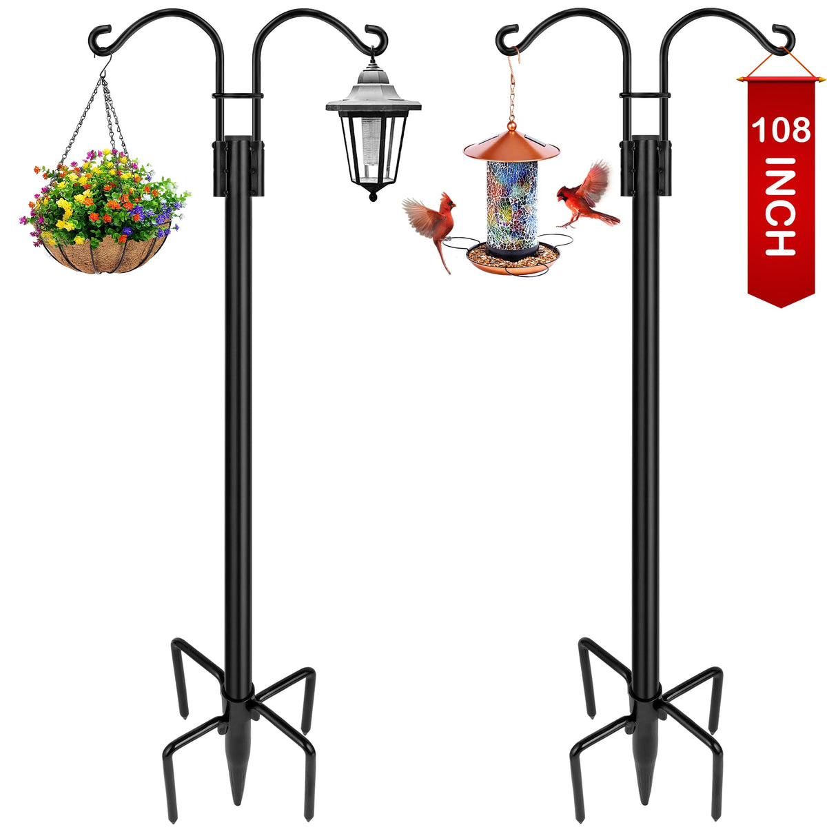 XDW-GIFTS double shepherds hooks outdoor setup with dual arms, ideal for hanging lanterns and bird feeders.