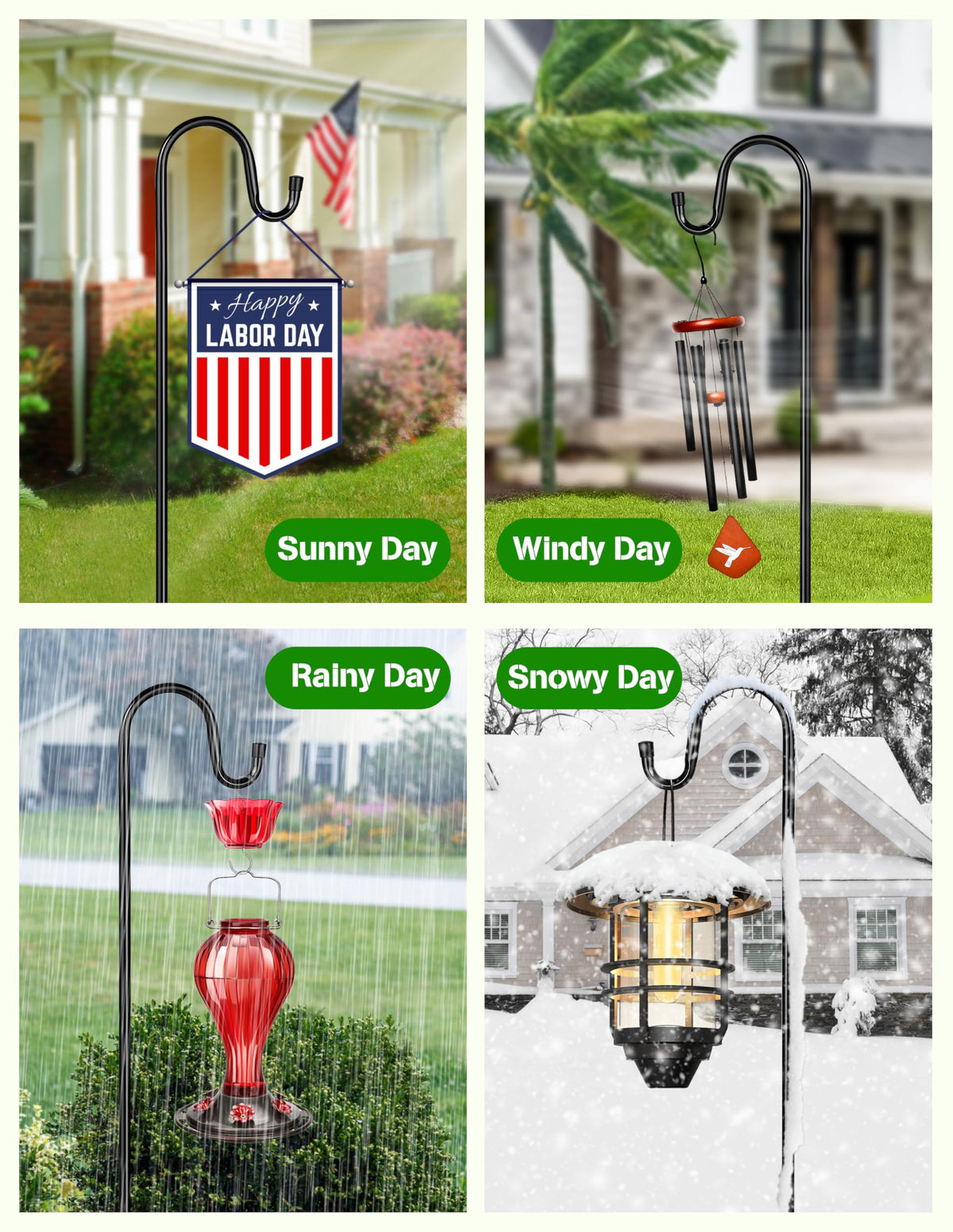 XDW-GIFTS garden display with hanging baskets and lights.
