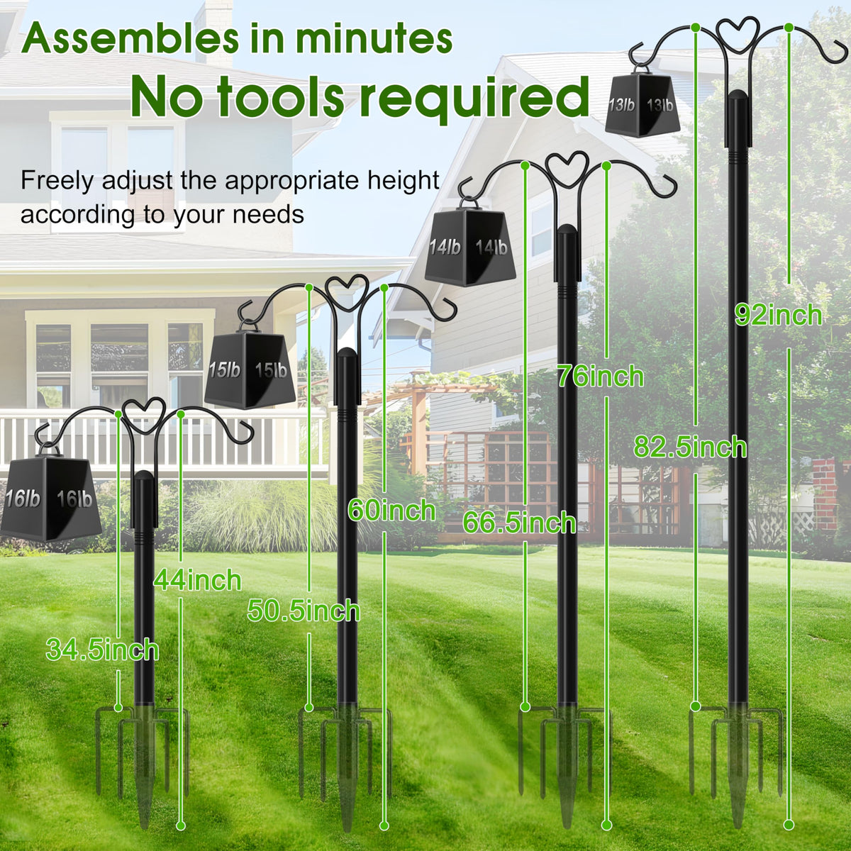 XDW-GIFTS shepherds hook double-arm design supports lanterns and bird feeders.