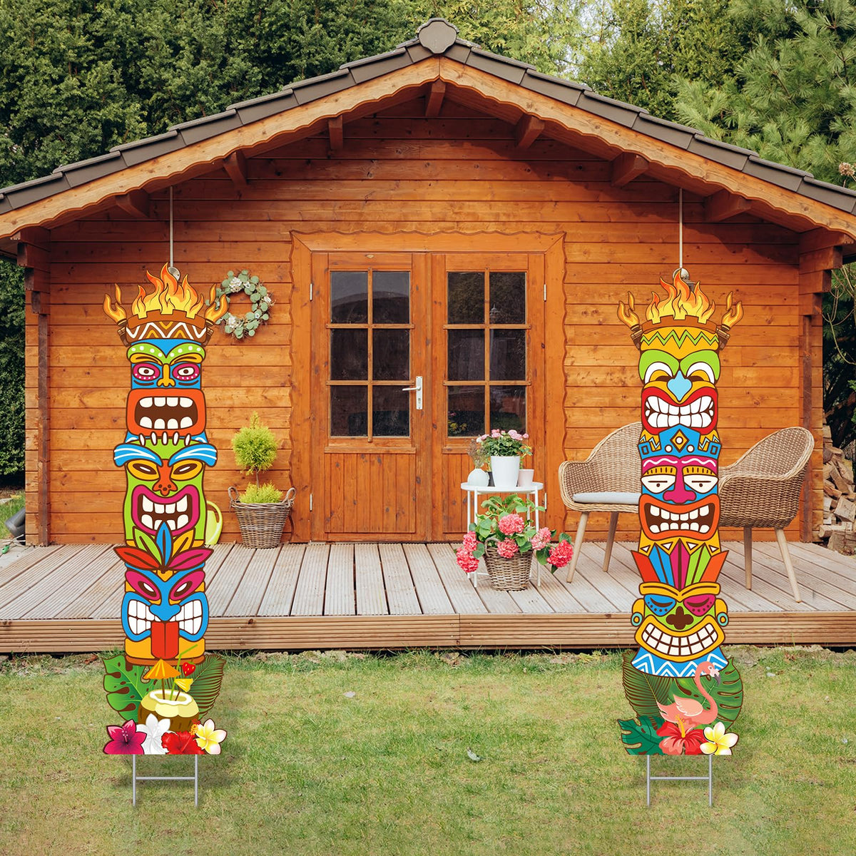 XEFINAL tiki yard sign tiki masks create a festive entryway.