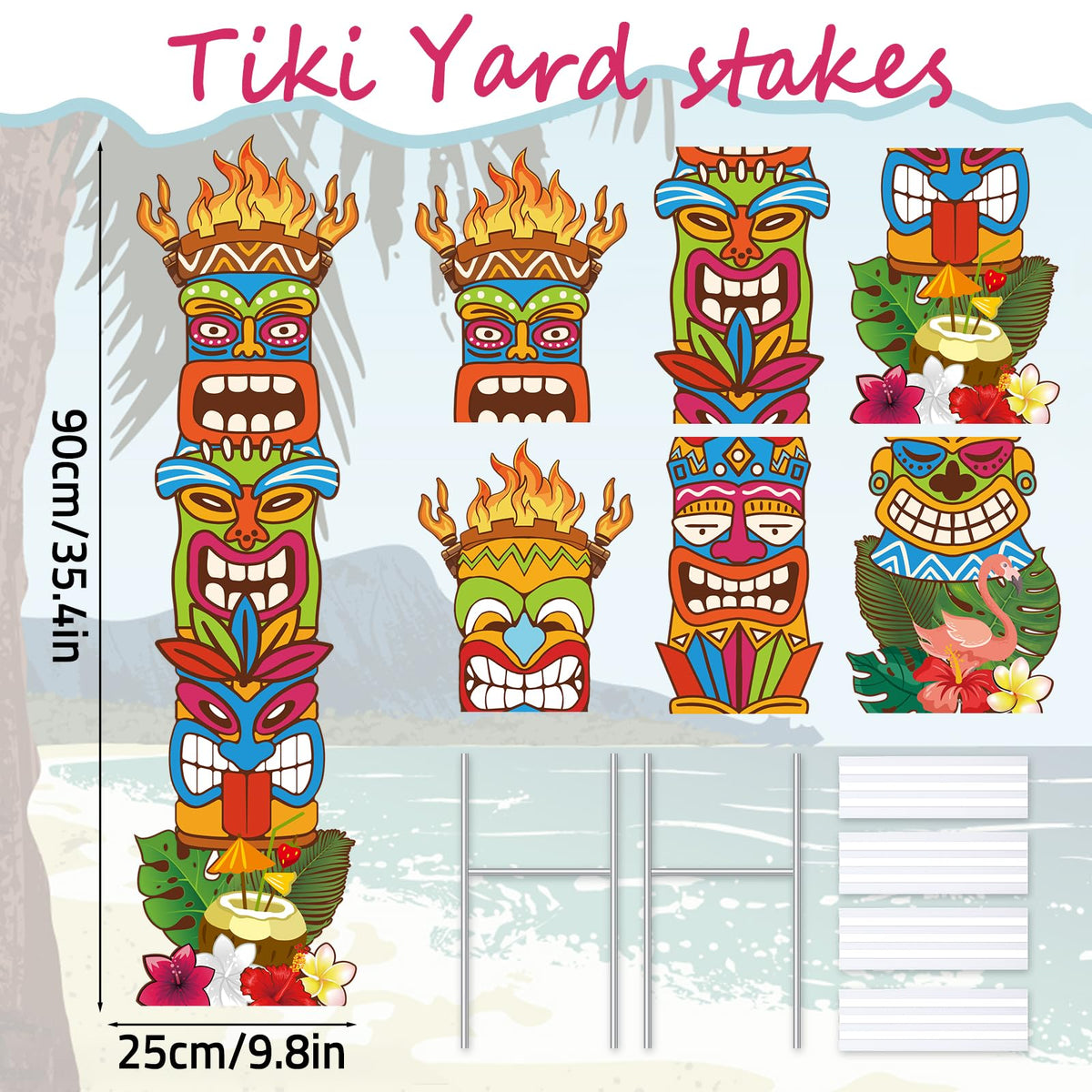 XEFINAL tiki yard sign with flamingos enhances tropical party themes.