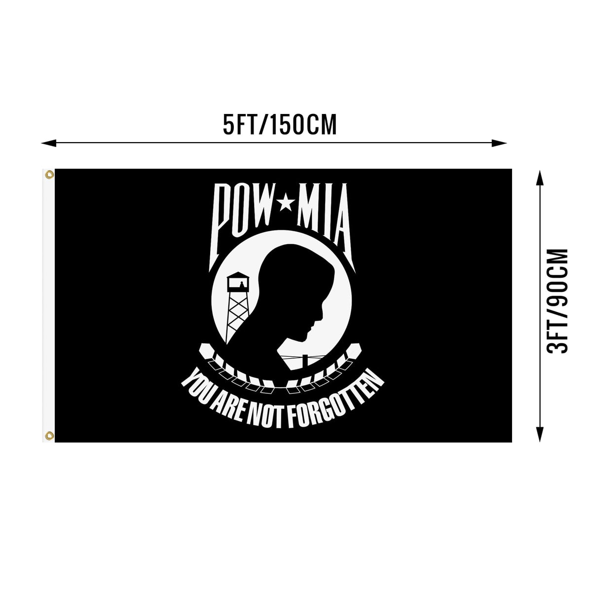 Xepaxon Pow Mia flag showing brass grommets for secure hanging