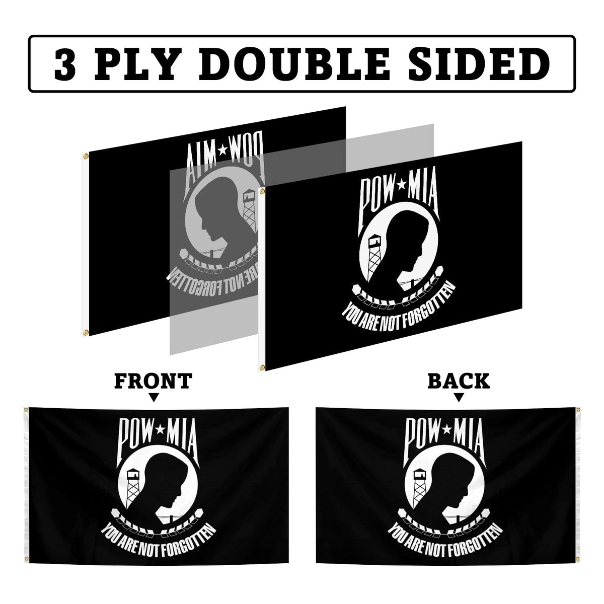Xepaxon Pow Mia flag double-sided 3-ply construction visible from both sides
