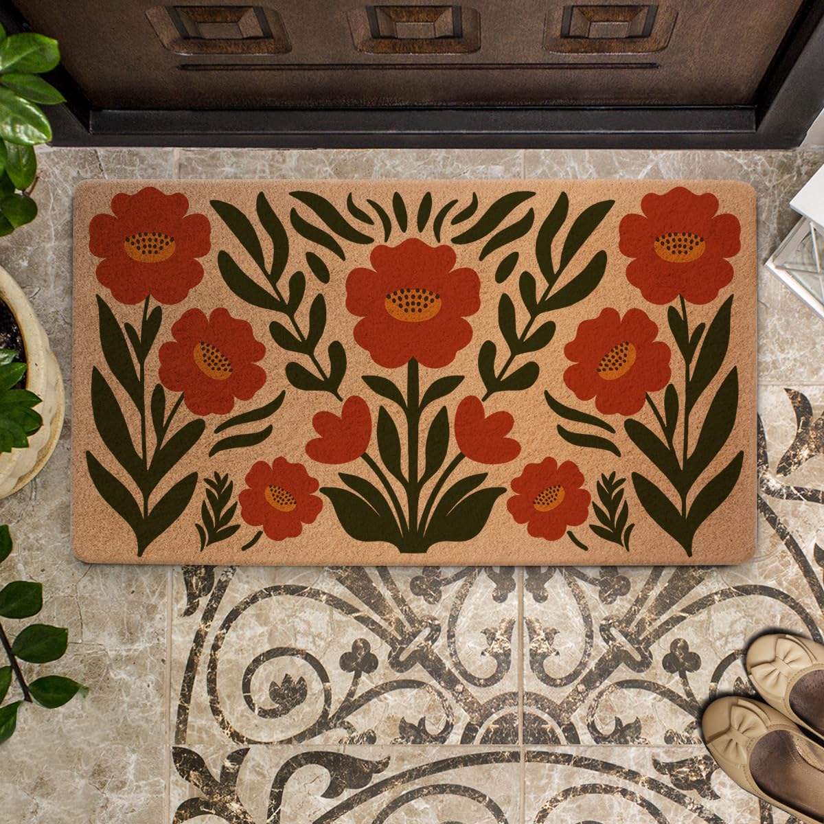 XFN Retro Poppy Doormat weather-resistant option for covered entryways.