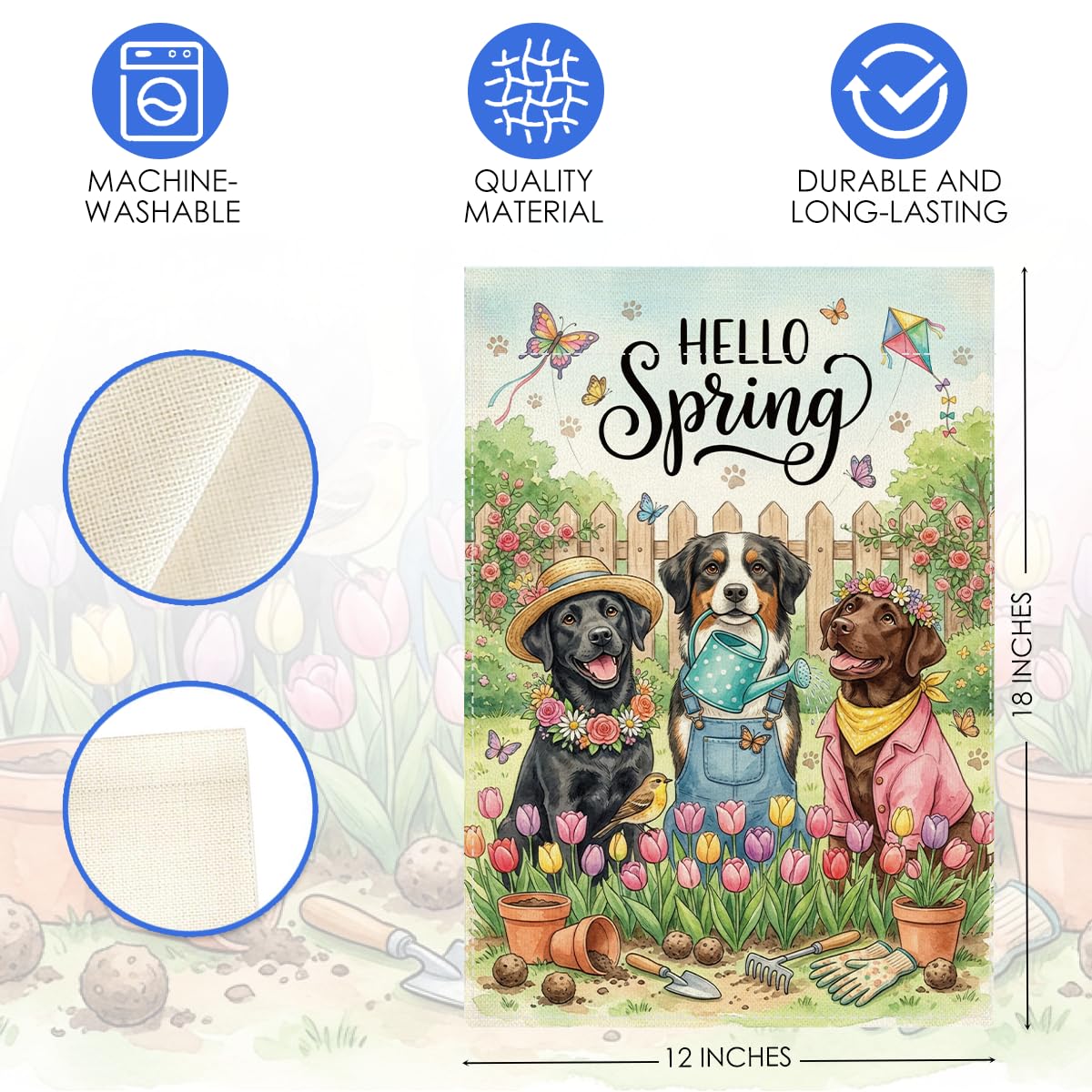 XFW Hello Spring flag close-up shows rustic burlap texture for outdoor charm.
