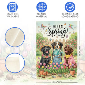 XFW Hello Spring flag close-up shows rustic burlap texture for outdoor charm.