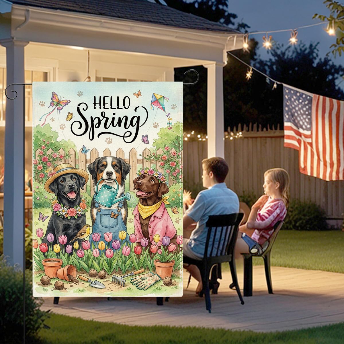 XFW Hello Spring flag provides versatile seasonal décor for lawns and verandas.