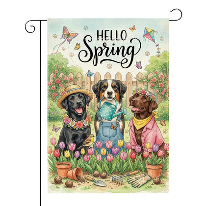 XFW Hello Spring flag features a double-sided Labrador and flowers, boosting porch curb appeal.