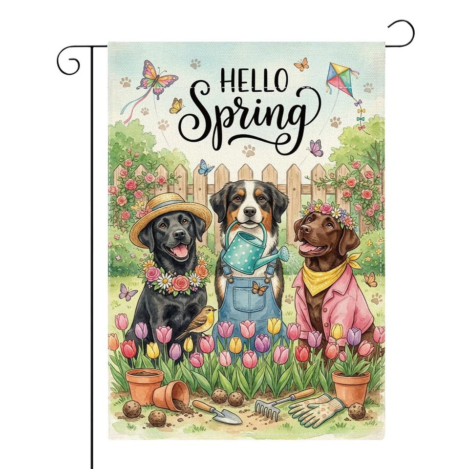 XFW Hello Spring flag features a double-sided Labrador and flowers, boosting porch curb appeal.