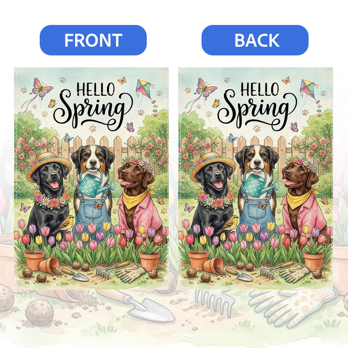 XFW Hello Spring garden flag brightens the yard with seasonal color and cheer.