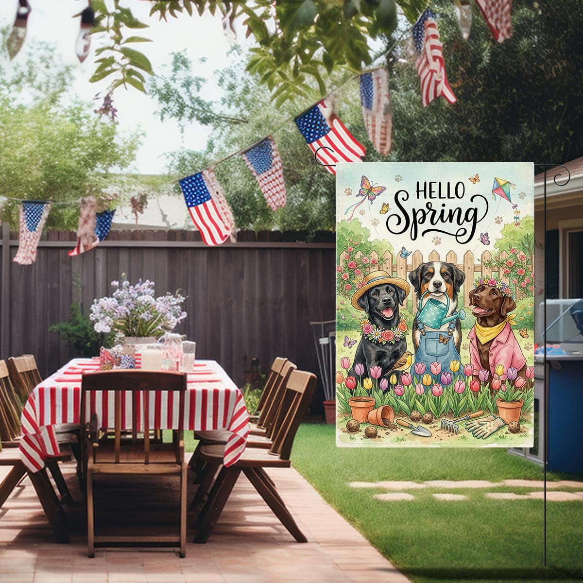 XFW Hello Spring flag on a porch invites guests with floral detail.