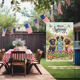 XFW Hello Spring flag on a porch invites guests with floral detail.