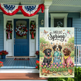XFW Hello Spring burlap flag is durable for outdoor use in sun and breeze.