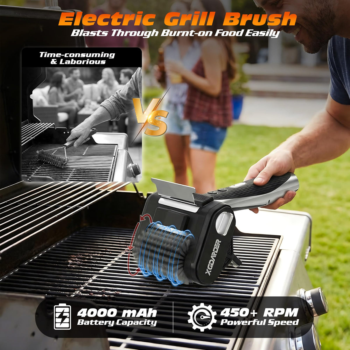 XGDARDER grill cleaner 450RPM motor powers tough grime away