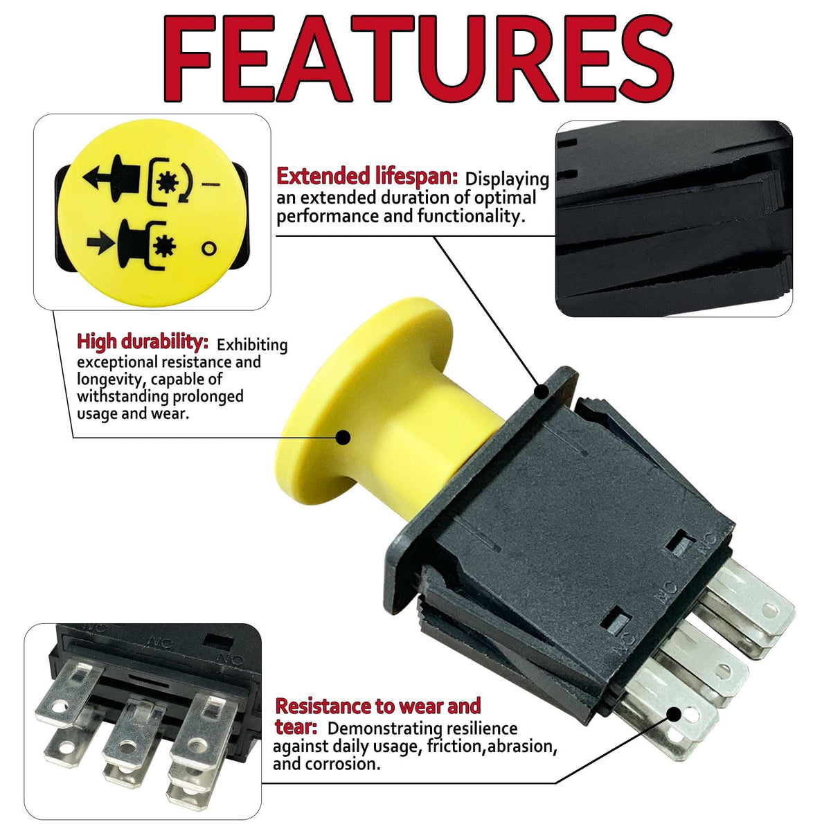Xghdalk PTO switch label close-up shows model compatibility at a glance.