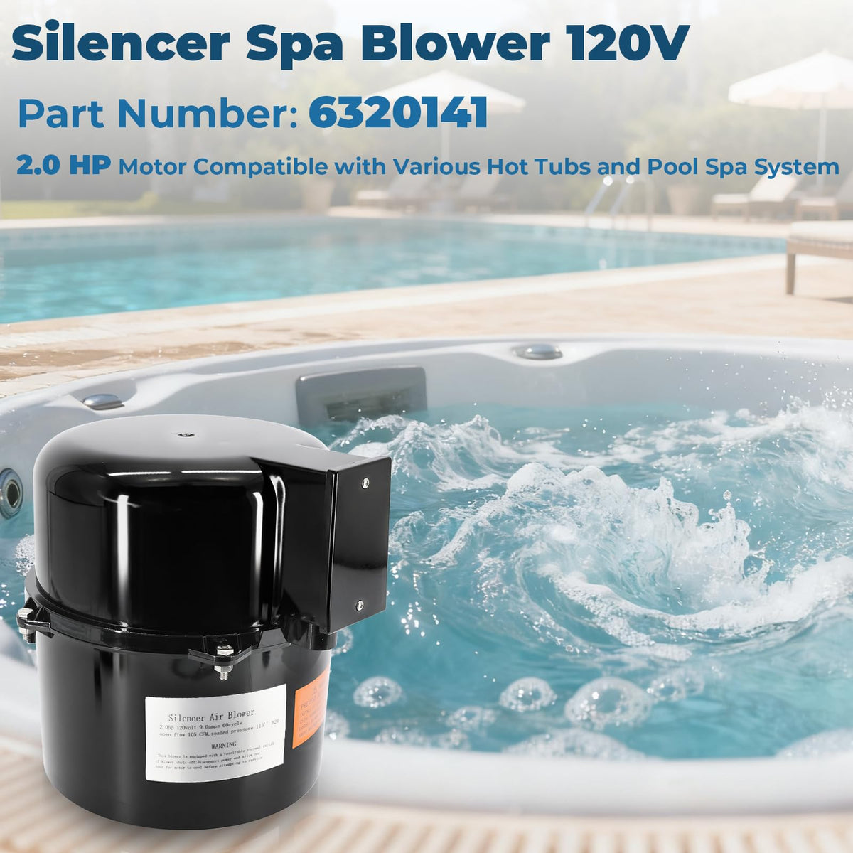 XHHEZQ 2.0 HP spa blower close-up highlights vibration-dampening design.