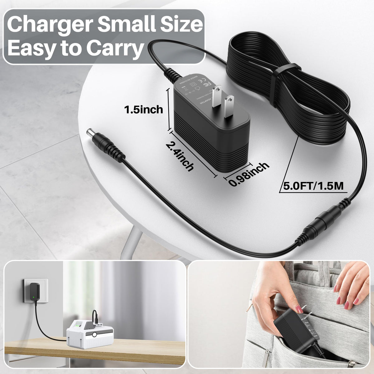 XHUCHINMAL Compact charger for Snow Joe 24V batteries, travel-friendly design