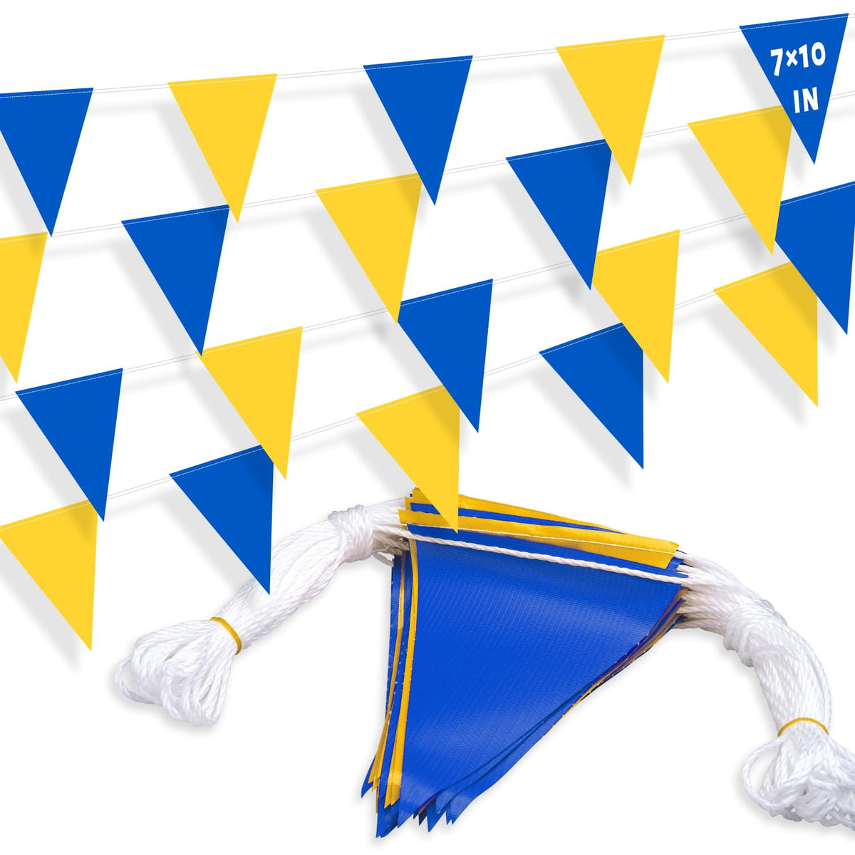 XIFAN blue and yellow pennant flags on a 105ft line for pool backstroke visibility.