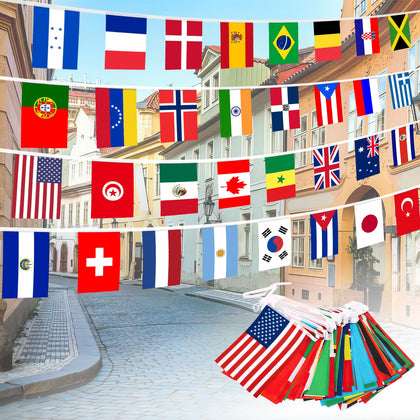 XIFAN 184ft World Flag Banner with 200 flags, ideal for classrooms and events.