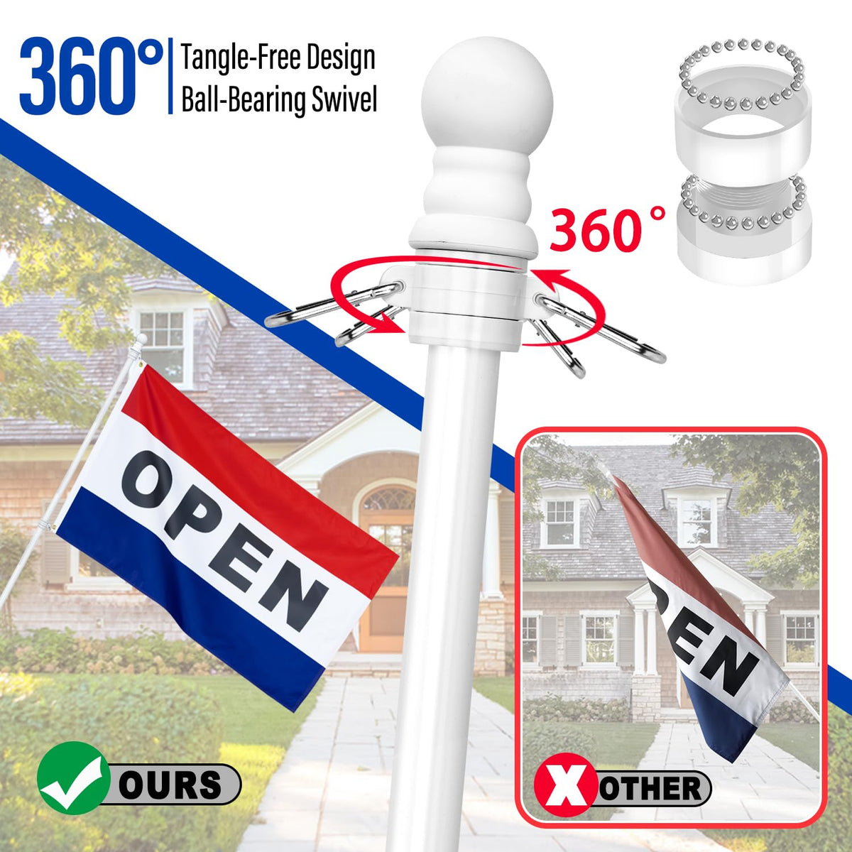 XIFAN 360-degree free-spinning flagpole demonstrates wind-friendly rotation.