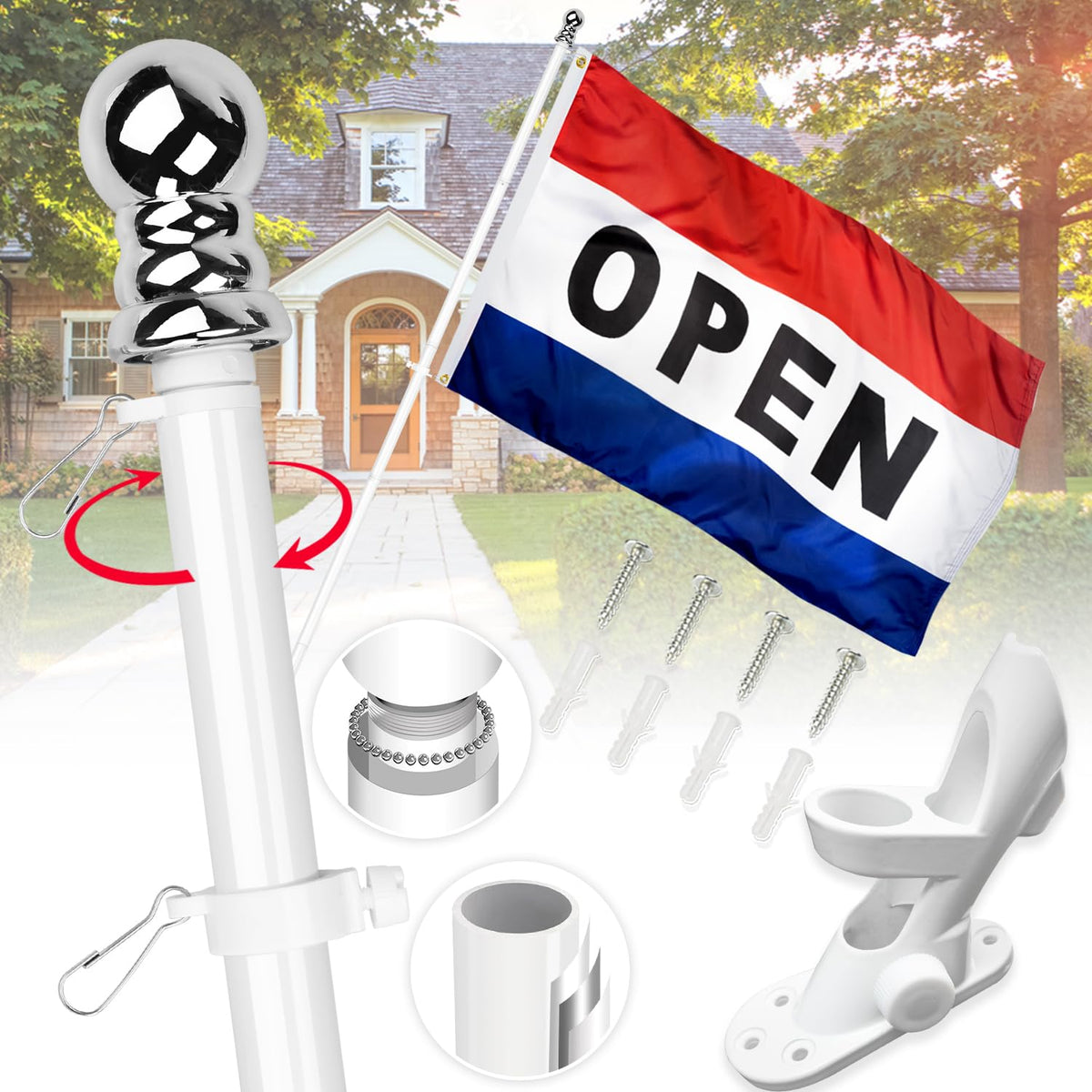 XIFAN double-sided OPEN flag kit with 6ft pole for storefront signage.