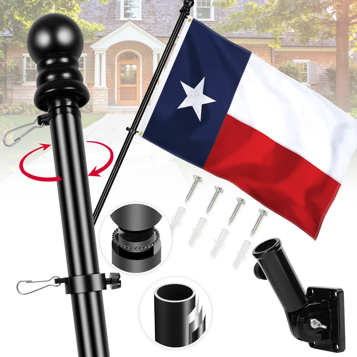 XIFAN 6ft Texas flag pole with 360-degree rotation for tangle-free outdoor display