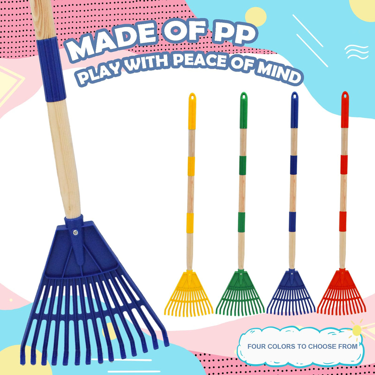 Xifando Kids Leaf Rake color options in blue, red, yellow, and green.