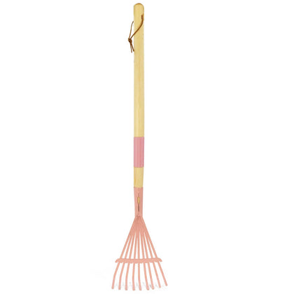 Xifando Kids Leaf Rake with pink wooden handle for safe beginner gardening