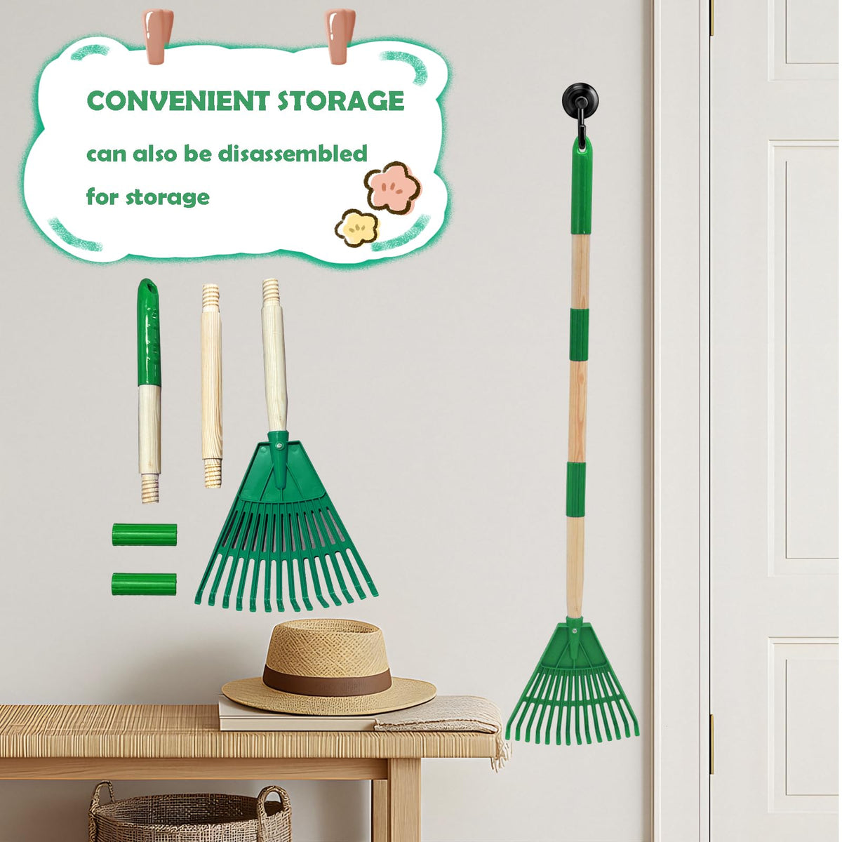 Xifando Kids Leaf Rake hanging loop for simple storage.