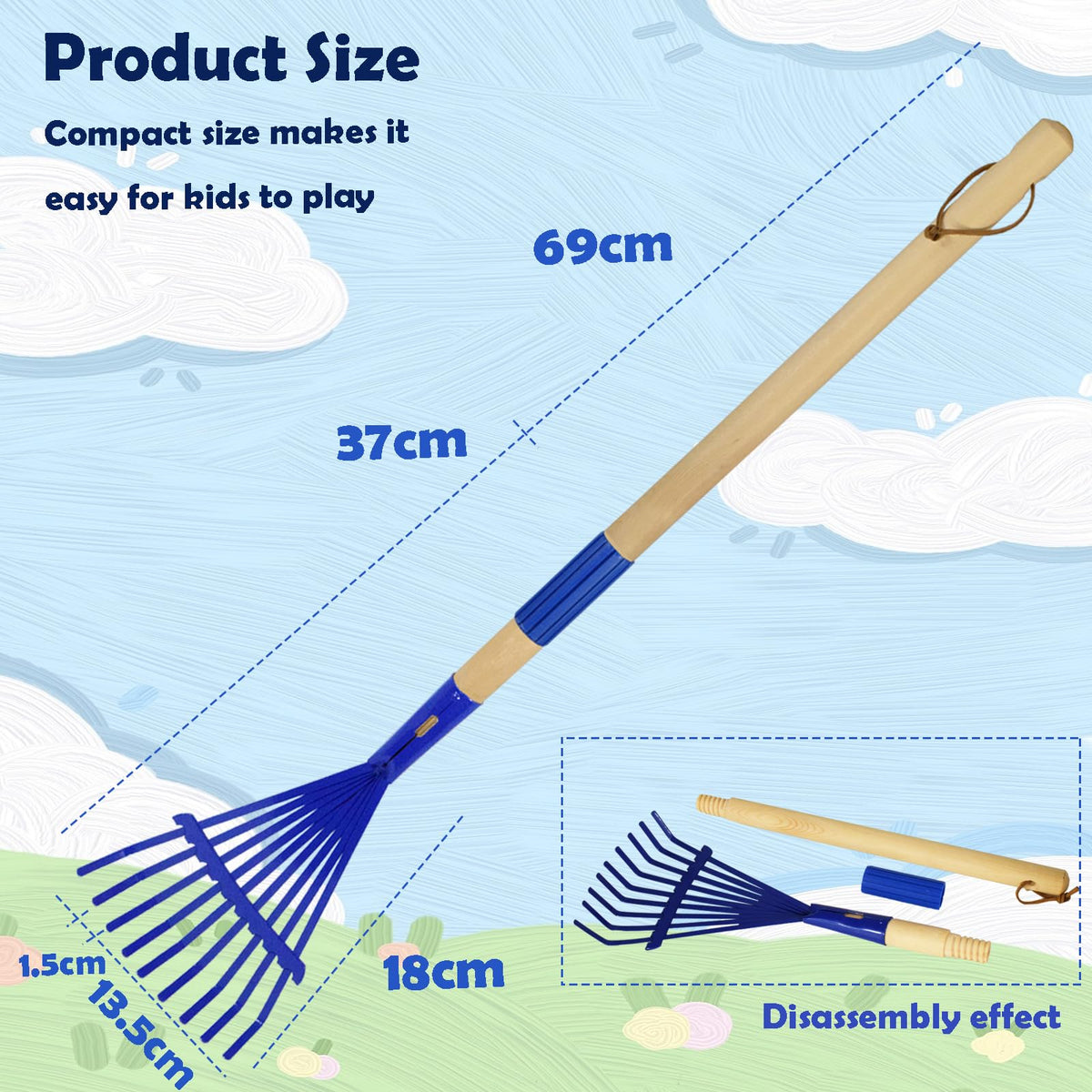 Xifando Kids Leaf Rake two-section wooden handle assembly for easy setup.