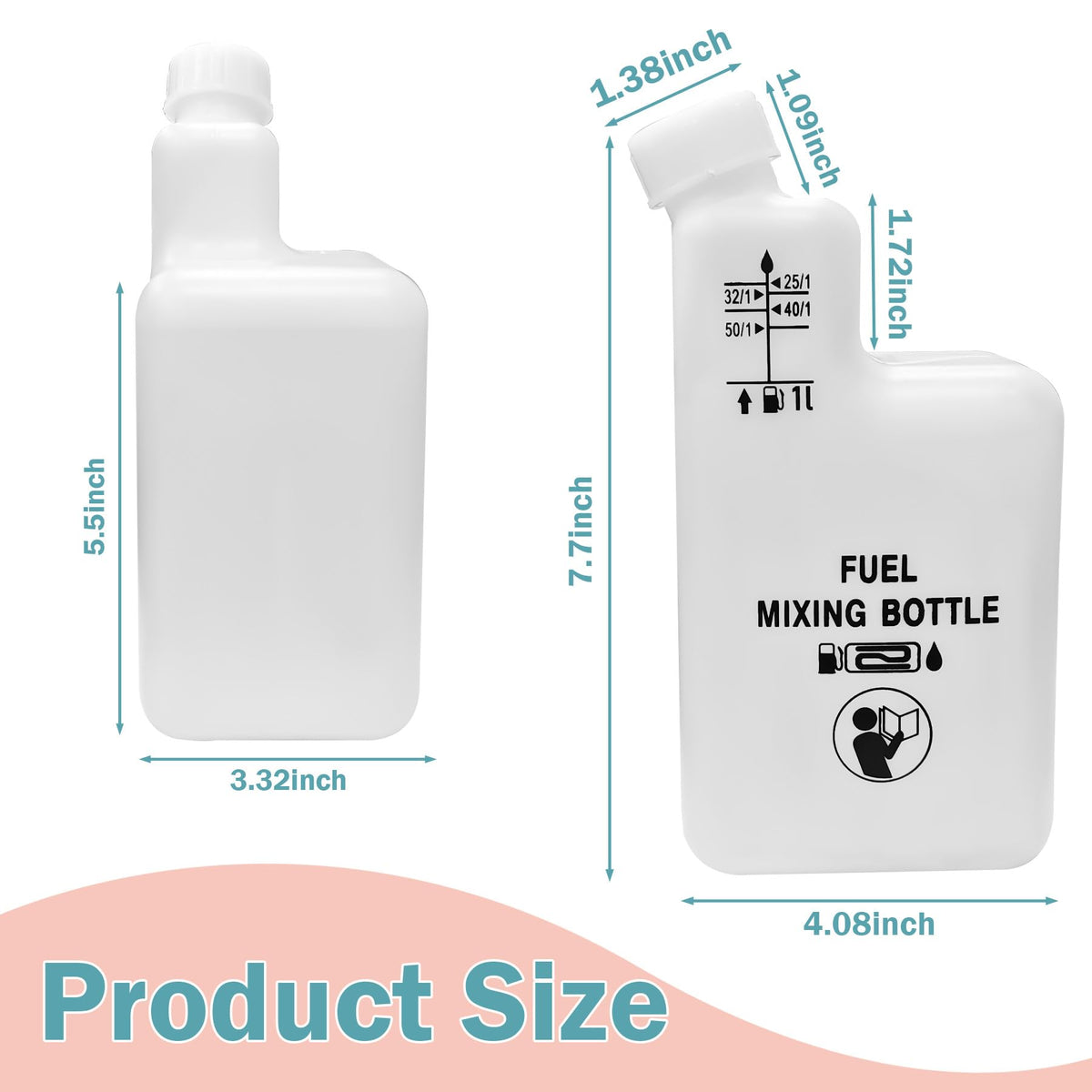XiHu mixing bottle shows 50:1 ratio for versatile two-stroke fueling