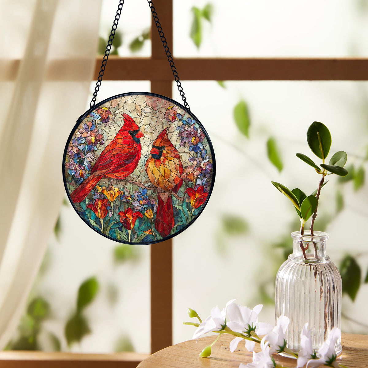 XINCEYWJ Round stained glass sun catcher close-up shows textured glass