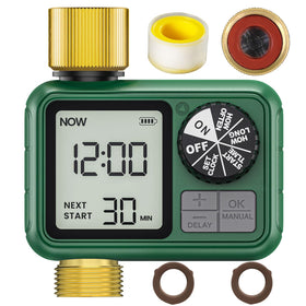 XinFuture water timer with brass inlet for outdoor hoses, durable weatherproof construction.