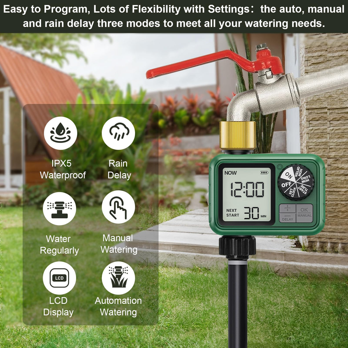 XinFuture timer connects to hose outlet for quick, reliable watering setup.