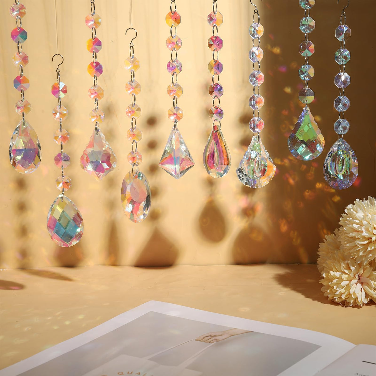 XINRUI Crystal Sun Catcher rainbow dispersion creates soft color glow in sunlight.