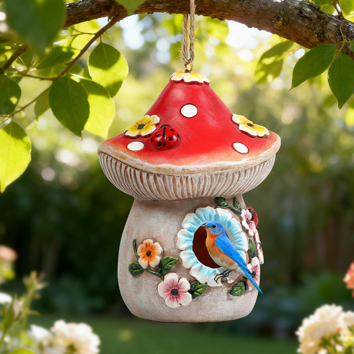 Xintim outdoor hanging bird house mushroom design in a sunny yard