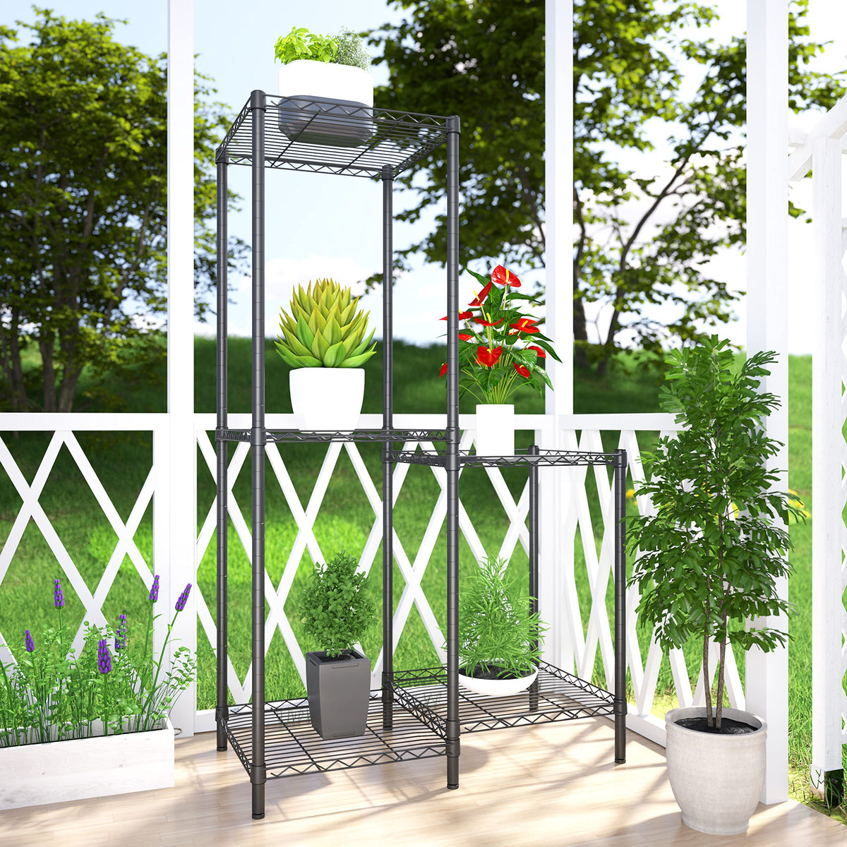 Xiofio 5-tier plant stand outdoor use showing rust-resistant coating