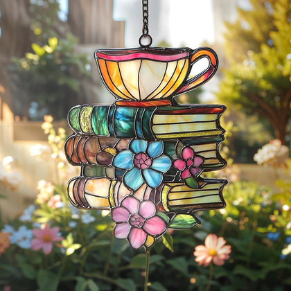 XISZYS Book Tea Suncatcher in a sunny window adds a warm rainbow glow.