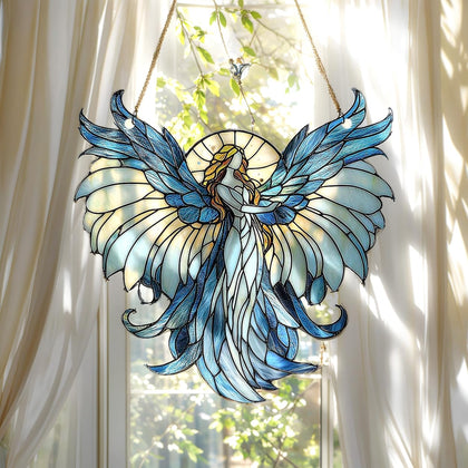 XISZYS Guardian Angel Suncatcher with stained-glass glow brightening a sunny window
