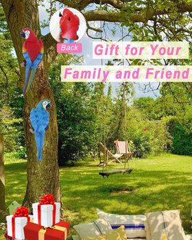 Blue and red parrot decor hanging on porch with durable resin finish.