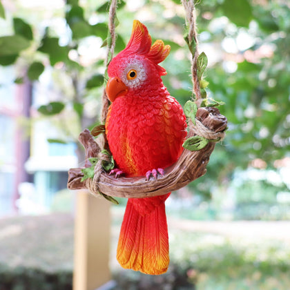 XKFLAUHM parrot hanging statue in garden, durable resin decor for outdoor use.