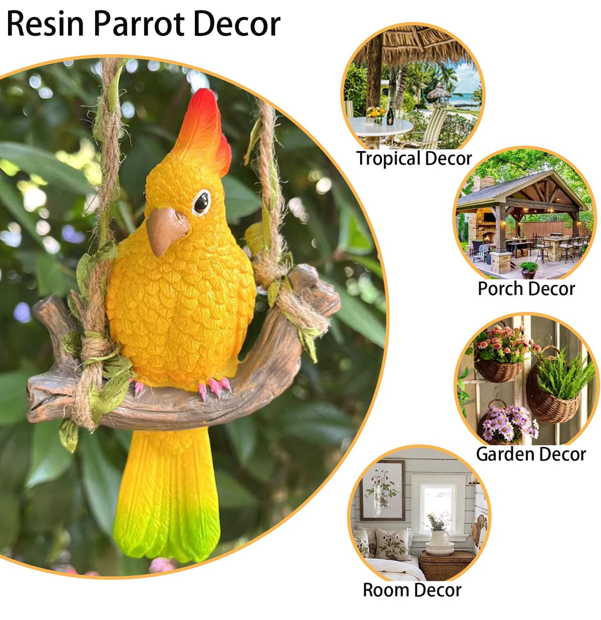 Durable resin parrot resists weather and fading in gardens or tiki bars.