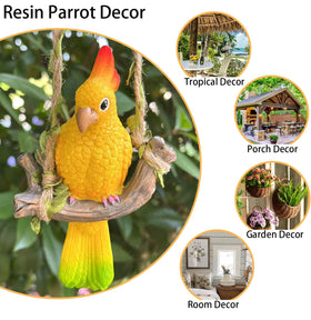 Durable resin parrot resists weather and fading in gardens or tiki bars.